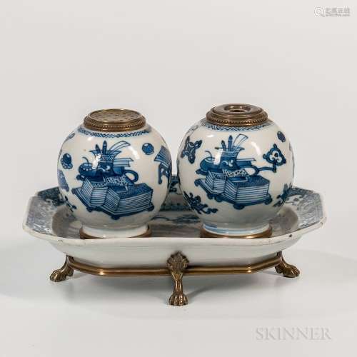 Blue and White Ceramic and Brass-mounted Inkwell, China and Europe, 19th/20th century, two small globular jarlets decorated with schola