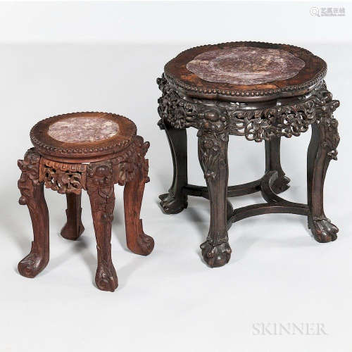Two Marble-top Hardwood Stands, China, late 19th/early 20th century, lobed rose marble panel set in lobed hardwood frame with beaded ed
