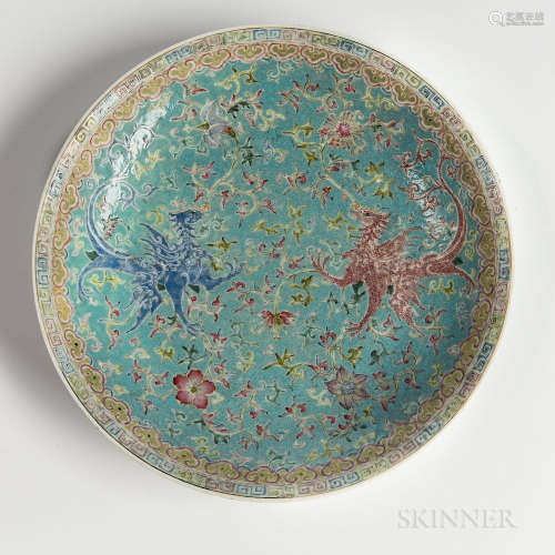 Famille Rose Porcelain Charger, China, 20th century, with a pair of mythical birds against a turquoise ground with floral and foliate s