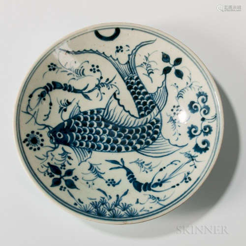 Blue and White Dish, China, Ming dynasty style, decorated with a stylized fish amid shrimp and water plants, ht. 1 3/4, dia. 10 in. Pro