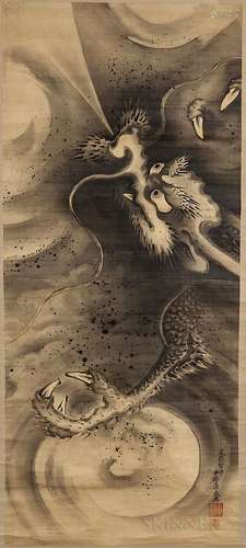 Hanging Scroll Depicting a Dragon, Japan, 18th/19th century, with the head and claws emerging from swirls of cloud, signed 