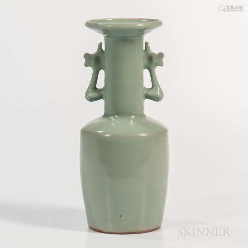 Longquan Celadon Mallet-shaped Vase, China, Southern Song/Yuan dynasty style, with phoenix-inspired openwork handles to the cylindrical