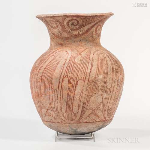 Large Ban Chiang Red-painted Earthenware Jar, Thailand, bulbous form with wide flaring mouth, decorated with patterned bands of swirls