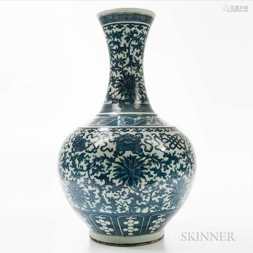 Large Blue and White Vase, China, late 19th century, globular form with long flaring neck, on a short raised foot, decorated with the E