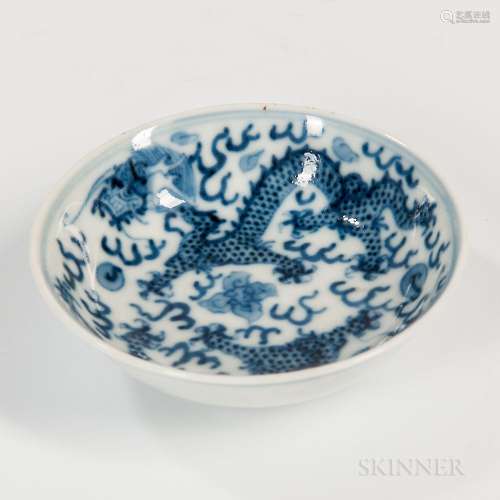 Small Blue and White Dragon Dish, China, 20th century, with two stylized dragons amid clouds below a double ring around rim, six-charac