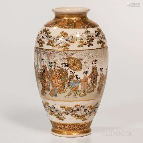 Satsuma Vase, Japan, 20th century, oviform, decorated in five tiers with a continuous landscape with figures, cranes, and floral motifs