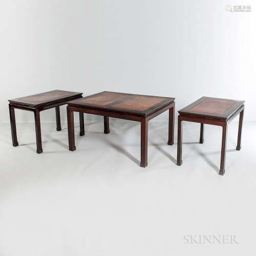 Three-part Hardwood Dining Group, China, late 20th century, composed of three separate tables: two with a single panel of burlwood vene