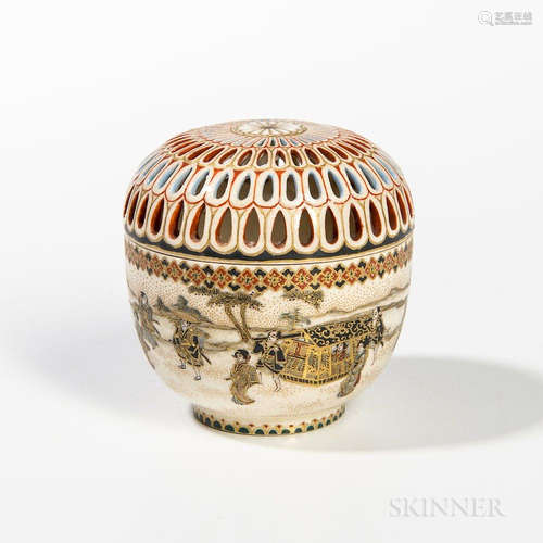 Small Hosai Satsuma Cricket Box with Cover, Japan, late 19th century, deep bowl shape, decorated with a frieze of landscape with figure