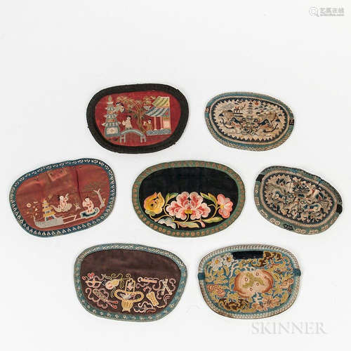 Seven Embroidered Oval Purses, China, 19th/20th century, one with flowers in satin stitch, two embroidered with figures in narrative sc