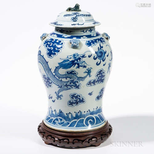Blue and White Dragon Jar and Cover, China, 19th/20th century, baluster shape, four lion-head loops around shoulder, a stylized shishi