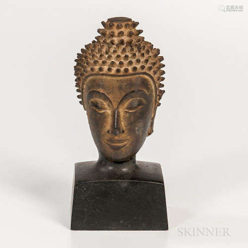 Bronze Head of Buddha, Thailand, Ayutthaya style, (missing ears, neck, and flame on ushnisha), with a stand, head ht. 4 7/8 in.