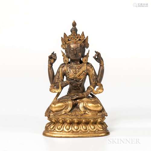 Gilt-bronze Figure of the Four-armed Vajrasattva, Sino-Tibet, 18th century or earlier, seated in dhyanasana, with a vajra in her rear r