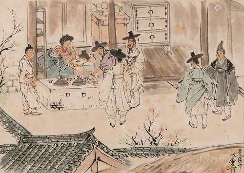 Unbo Kim Ki-Chang (1913-2001) Genre Painting, Korea, mid-20th century, based on the Jusa geobae from the genre painting album by Hyewon