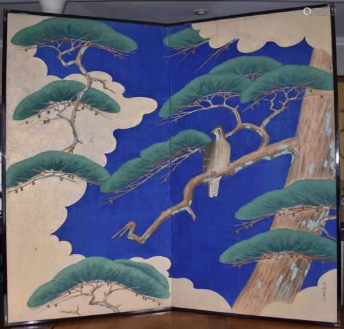 A 2 panel screen of a hawk perched on a pine tree