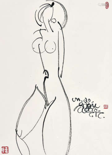 韩美林 裸女 纸本镜框