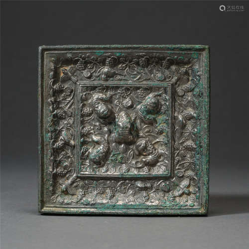 CHINESE BRONZE BEAST AND GRAPE SQUARE MIRROR TANG DYNASTY