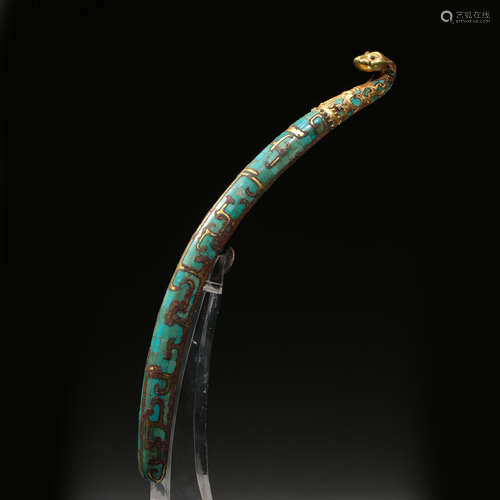 CHINESE TURQUOISE INLAID BRONZE GOLD DRAGON BELT HOOK