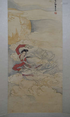 CHINESE SCROLL PAINTING OF FLYING BEAUTY IN CLOUD