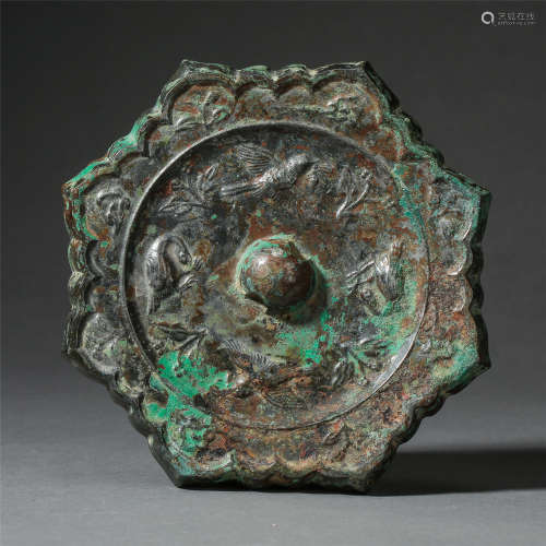 CHINESE BRONZE BIRD FLOWER SHAPED MIRROR TANG DYNASTY