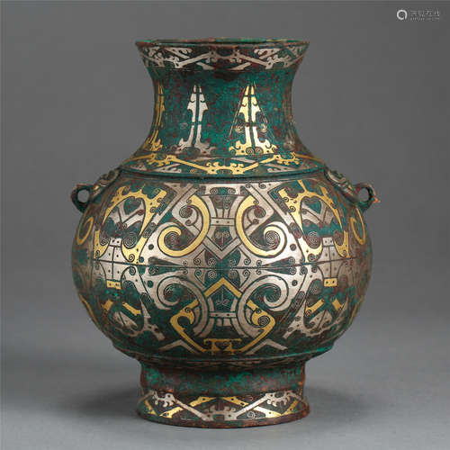 CHINESE BRONZE SILBER GOLD ZUN VASE