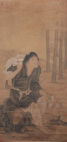 CHINESE SCROLL PAINTING OF MAN WITH TOAD