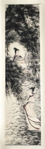 CHINESE SCROLL PAINTING OF BEAUTY UNDER PINE
