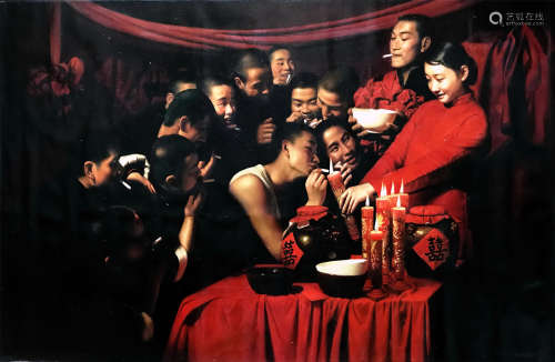 CHINESE OIL PAINTING OF BRIDE AND MEN ON CANVAS