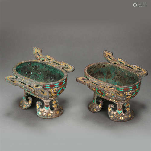 PAIR OF CHINESE GEM STONE INLAID BRONZE GOLD HANDLED CUPS