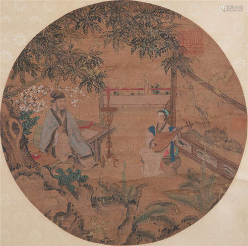 CHINESE ROUND FAN  PAINTING OF MAN AND BEAUTY IN GARDEN