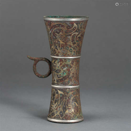 CHINESE BRONZE SILVER GOLD HANDLE CUP