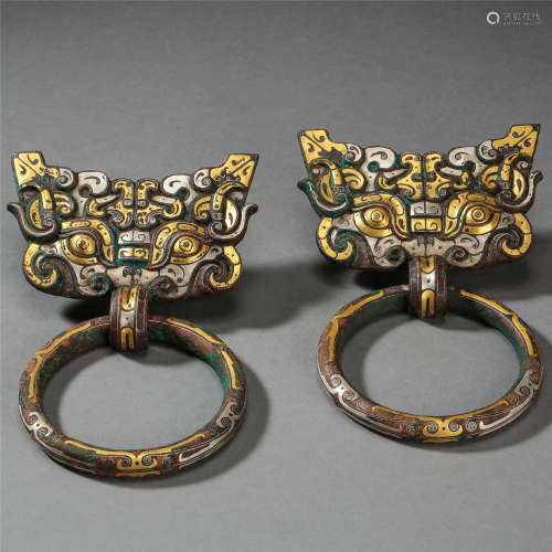 PAIR OF CHINESE BRONZE SILVER GOLD BEAST HEAD DOOR RING HAN DYNASTY