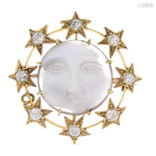 A late Victorian gold moonstone and diamond brooch.