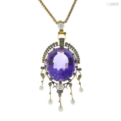 A late Victorian gold amethyst, diamond and pearl pendant.