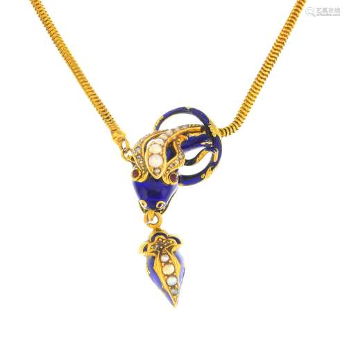 A mid Victorian gold, enamel and gem-set snake necklace.