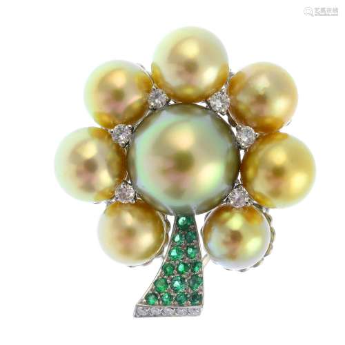 A cultured pearl, diamond and tsavorite garnet brooch.