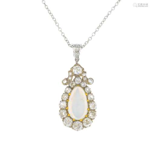 A late Victorian silver and gold, opal and diamond pendant.