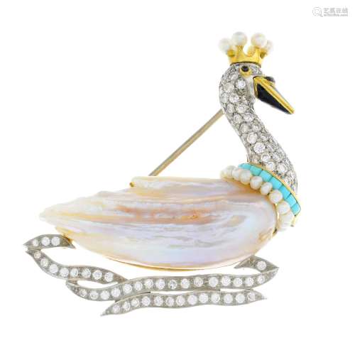 A mid 20th century natural pearl, enamel and gem-set brooch.