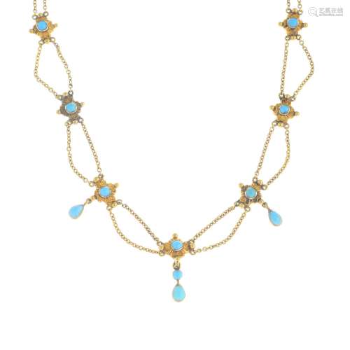 A late Victorian 18ct gold turquoise necklace.