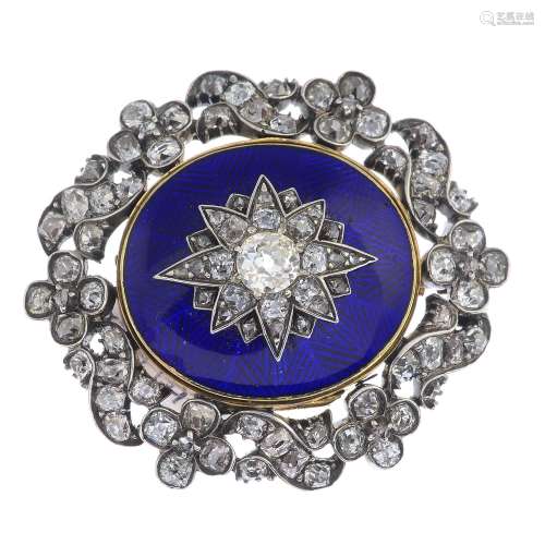 An early Victorian silver and gold, diamond and enamel brooch.
