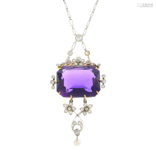 A composite early 20th century platinum and gold, amethyst and diamond pendant.