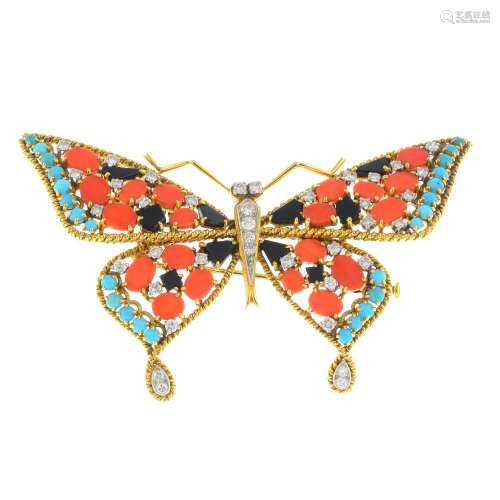 A mid 20th century 18ct gold and platinum, diamond and gem-set butterfly brooch.
