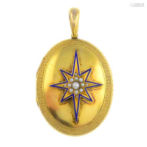 A late Victorian gold enamel and split pearl locket.