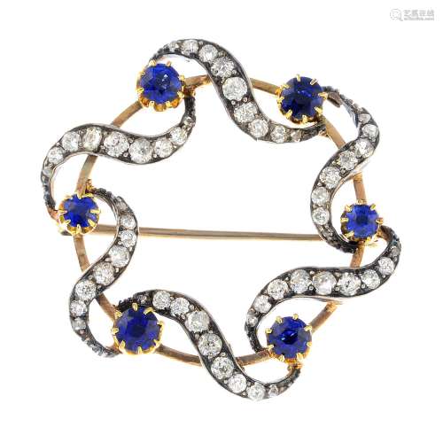 A late Victorian silver and gold, sapphire and diamond brooch.
