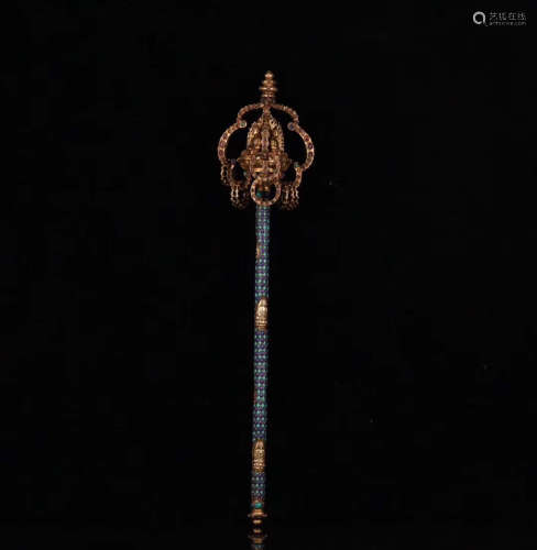 A GILT COPPER GEM DECORATED BUDDHIST ZEN STICK