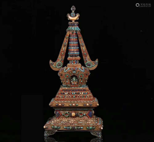 A OLD SILVER BUDDHIST SHELI TOWER