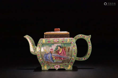 17-19TH CENTURY, A STORY DESIGN PURPLE CLAY TEAPOT, QING DYNASTY