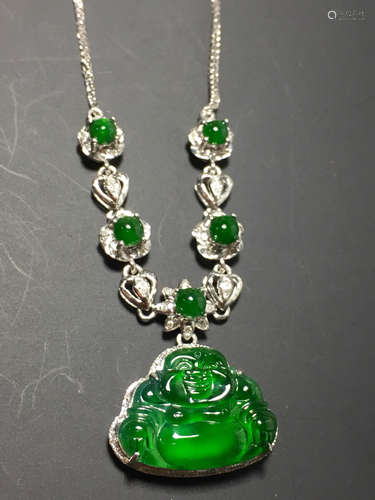 A BUDDHA DESIGN ZHENGYANG GREEN ICE JADEITE NECKLACE