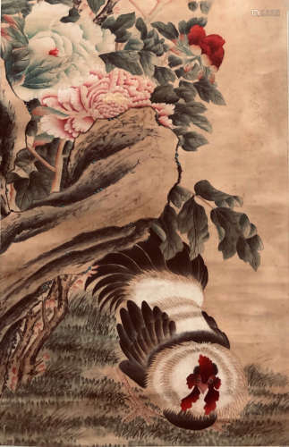 17-19TH CENTURY, UNKNOWN <PEONY AND COCK> PAINTING, QING DYNASTY