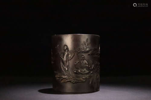 18-19TH CENTURY, A DHARMA PATTERN ROSEWOOD BRUSH POT, LATE QING DYNASTY