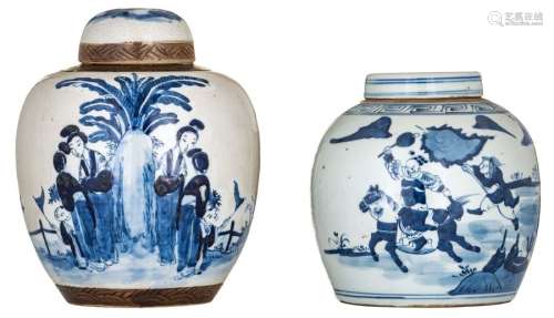 A ginger jar, blue & white decorated with a warrio...;